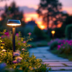 A photograph of a vibrant outdoor scene featuring a modern solar led light illuminating a garden or pathway at dusk