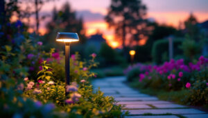 A photograph of a vibrant outdoor scene featuring a modern solar led light illuminating a garden or pathway at dusk