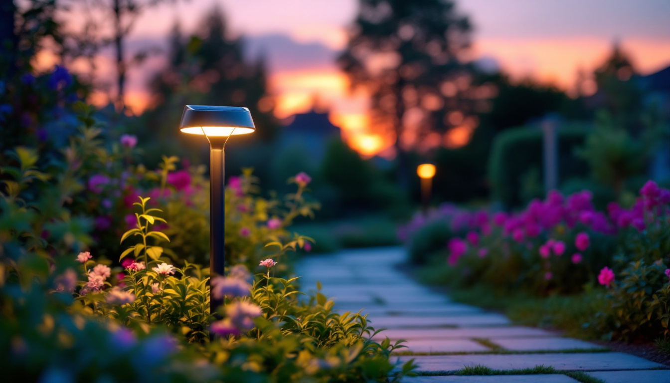 A photograph of a vibrant outdoor scene featuring a modern solar led light illuminating a garden or pathway at dusk
