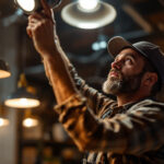 A photograph of a skilled lighting contractor expertly installing or adjusting elegant halide lights in a beautifully illuminated space