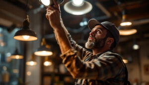 A photograph of a skilled lighting contractor expertly installing or adjusting elegant halide lights in a beautifully illuminated space