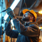 A photograph of a lighting contractor working on a modern electrical lighting installation in a commercial space