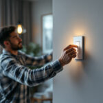 A photograph of a lighting contractor skillfully installing a dimmable lamp switch in a stylish home setting