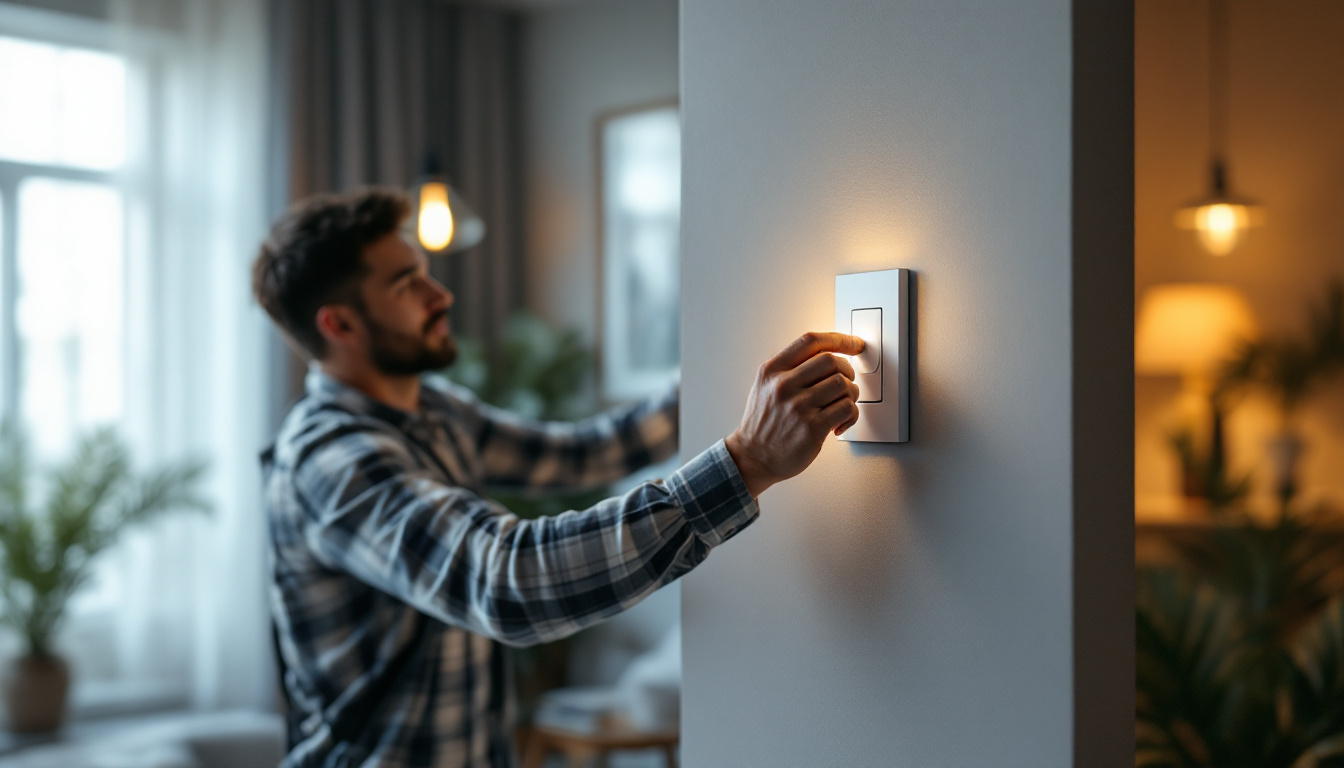 A photograph of a lighting contractor skillfully installing a dimmable lamp switch in a stylish home setting