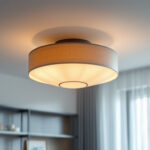 A photograph of a stylish semi-flush ceiling light installed in a modern living space