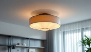 A photograph of a stylish semi-flush ceiling light installed in a modern living space