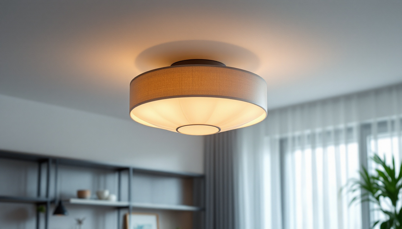A photograph of a stylish semi-flush ceiling light installed in a modern living space