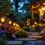 A photograph of a beautifully illuminated garden at dusk