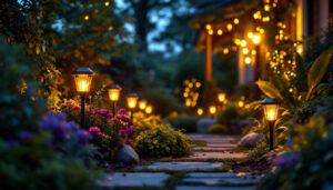 A photograph of a beautifully illuminated garden at dusk
