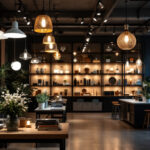 A photograph of a well-lit retail space showcasing a variety of stylish and functional lighting fixtures