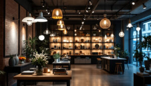 A photograph of a well-lit retail space showcasing a variety of stylish and functional lighting fixtures