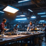 A photograph of a well-lit workshop or retail space showcasing multiple 4 ft led shop lights in action