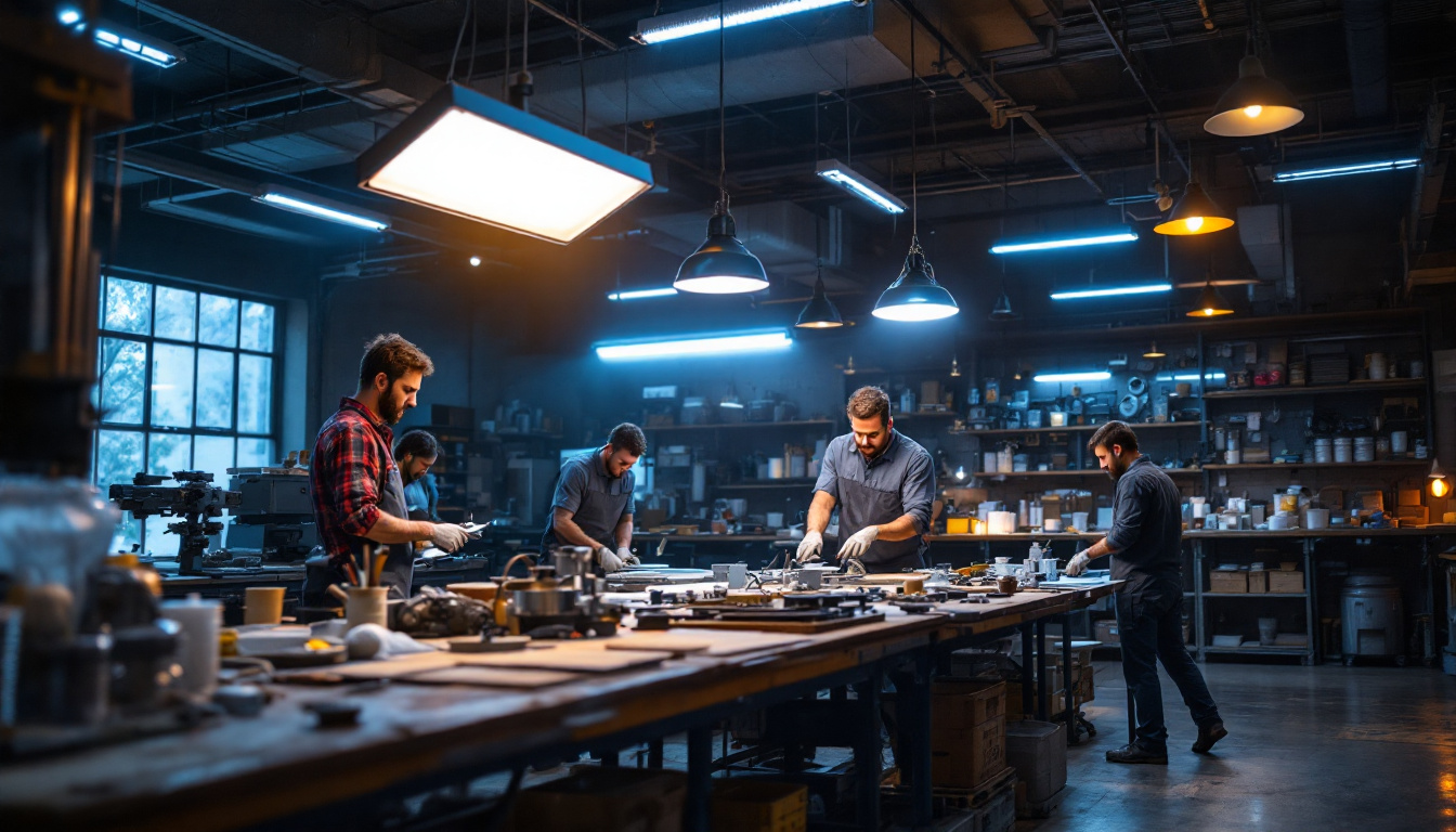 A photograph of a well-lit workshop or retail space showcasing multiple 4 ft led shop lights in action