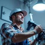 A photograph of a lighting contractor skillfully installing or adjusting a modern lighting system that features pir (passive infrared) and ultrasonic light switches