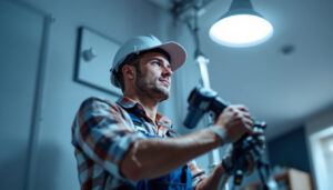 A photograph of a lighting contractor skillfully installing or adjusting a modern lighting system that features pir (passive infrared) and ultrasonic light switches
