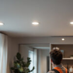 A photograph of a modern recessed lighting installation in a stylish interior setting