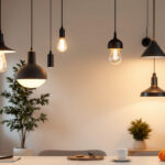 A photograph of a stylishly arranged interior space featuring a variety of led hanging light fixtures