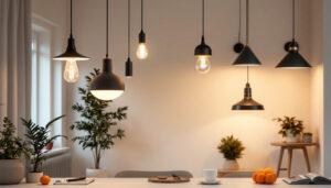 A photograph of a stylishly arranged interior space featuring a variety of led hanging light fixtures