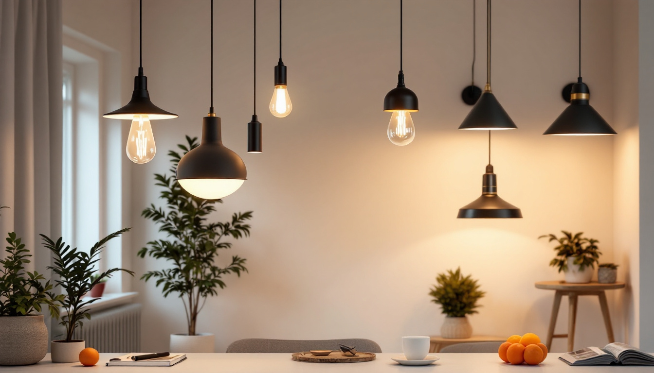 A photograph of a stylishly arranged interior space featuring a variety of led hanging light fixtures
