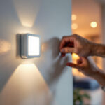 A photograph of a lighting contractor installing a motion detection sensor switch in a residential setting