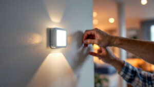 A photograph of a lighting contractor installing a motion detection sensor switch in a residential setting
