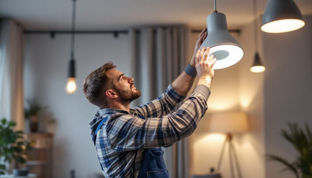 A photograph of a skilled lighting contractor installing or adjusting a modern 33a led fixture in a stylish