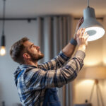 A photograph of a skilled lighting contractor installing or adjusting a modern 33a led fixture in a stylish