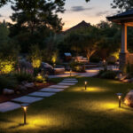 A photograph of a beautifully landscaped yard at dusk