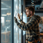 A photograph of a lighting contractor expertly installing illuminated panels in a modern workspace