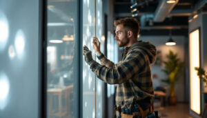 A photograph of a lighting contractor expertly installing illuminated panels in a modern workspace