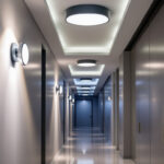 A photograph of a well-lit hallway featuring stylish flush mount lighting fixtures