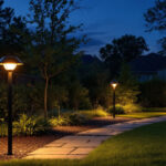 A photograph of a well-lit outdoor space showcasing various styles of solar lights in use