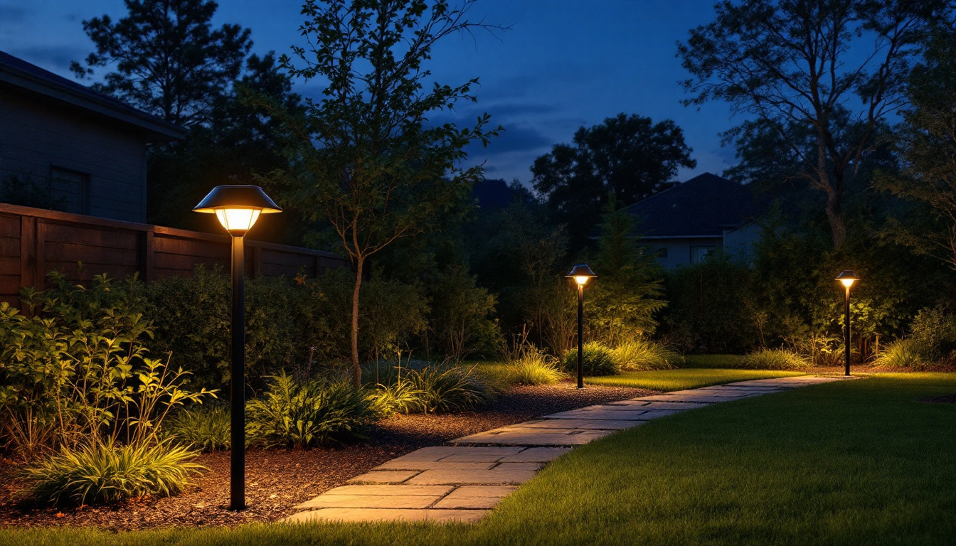 A photograph of a well-lit outdoor space showcasing various styles of solar lights in use