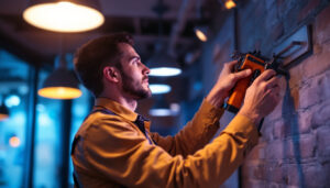 A photograph of a lighting contractor expertly installing or adjusting modern lighting fixtures in a well-lit commercial space