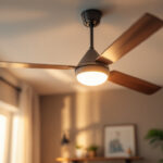 A photograph of a ceiling fan with an integrated light fixture