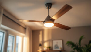 A photograph of a ceiling fan with an integrated light fixture