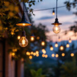 A photograph of a beautifully designed outdoor space featuring a variety of stylish external hanging lights in use