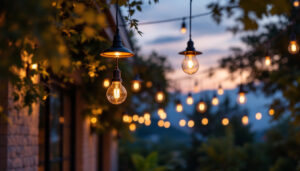 A photograph of a beautifully designed outdoor space featuring a variety of stylish external hanging lights in use