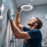 A photograph of capture a photograph of a lighting contractor expertly installing a sleek led shower can light in a modern bathroom