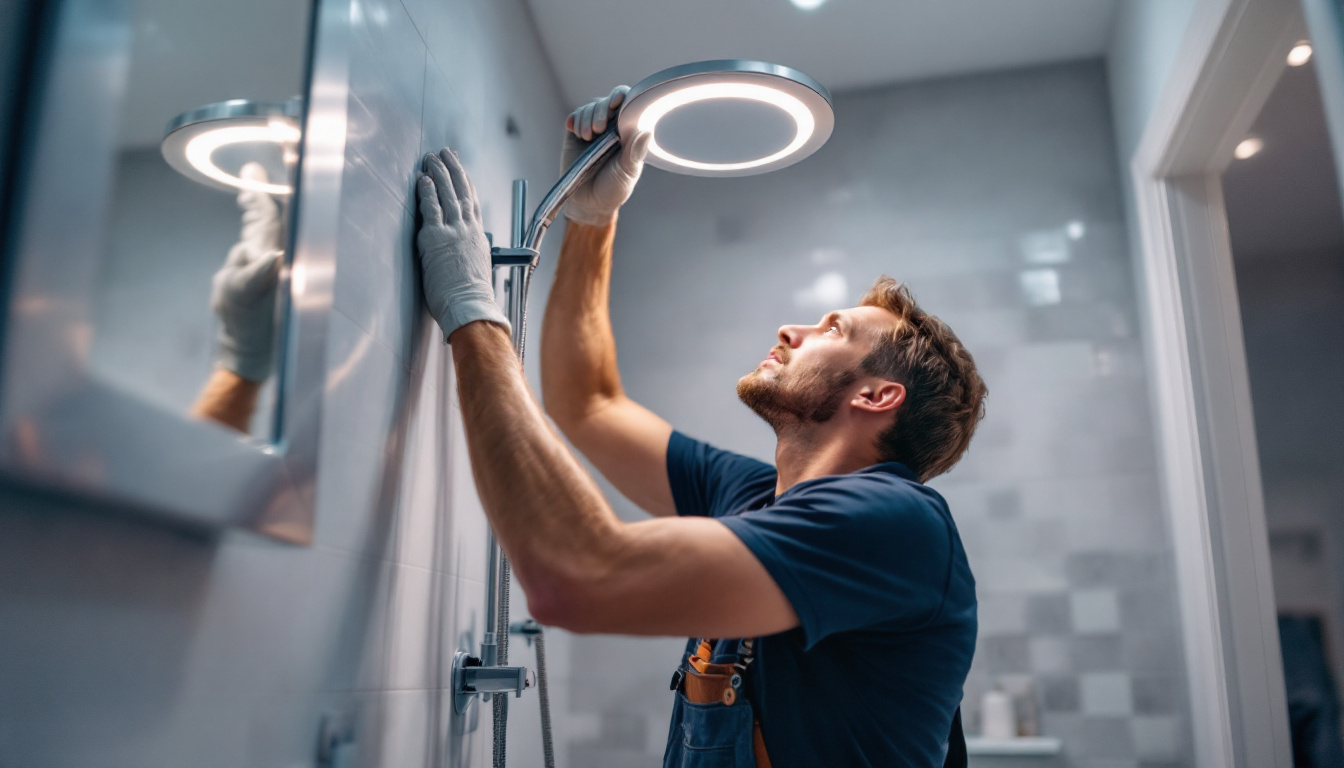 A photograph of capture a photograph of a lighting contractor expertly installing a sleek led shower can light in a modern bathroom
