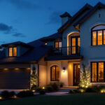 A photograph of a beautifully illuminated house exterior at dusk