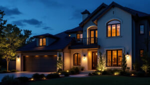 A photograph of a beautifully illuminated house exterior at dusk