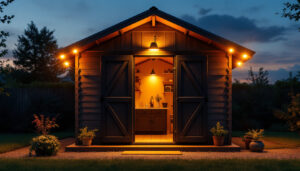 A photograph of a well-lit shed at dusk