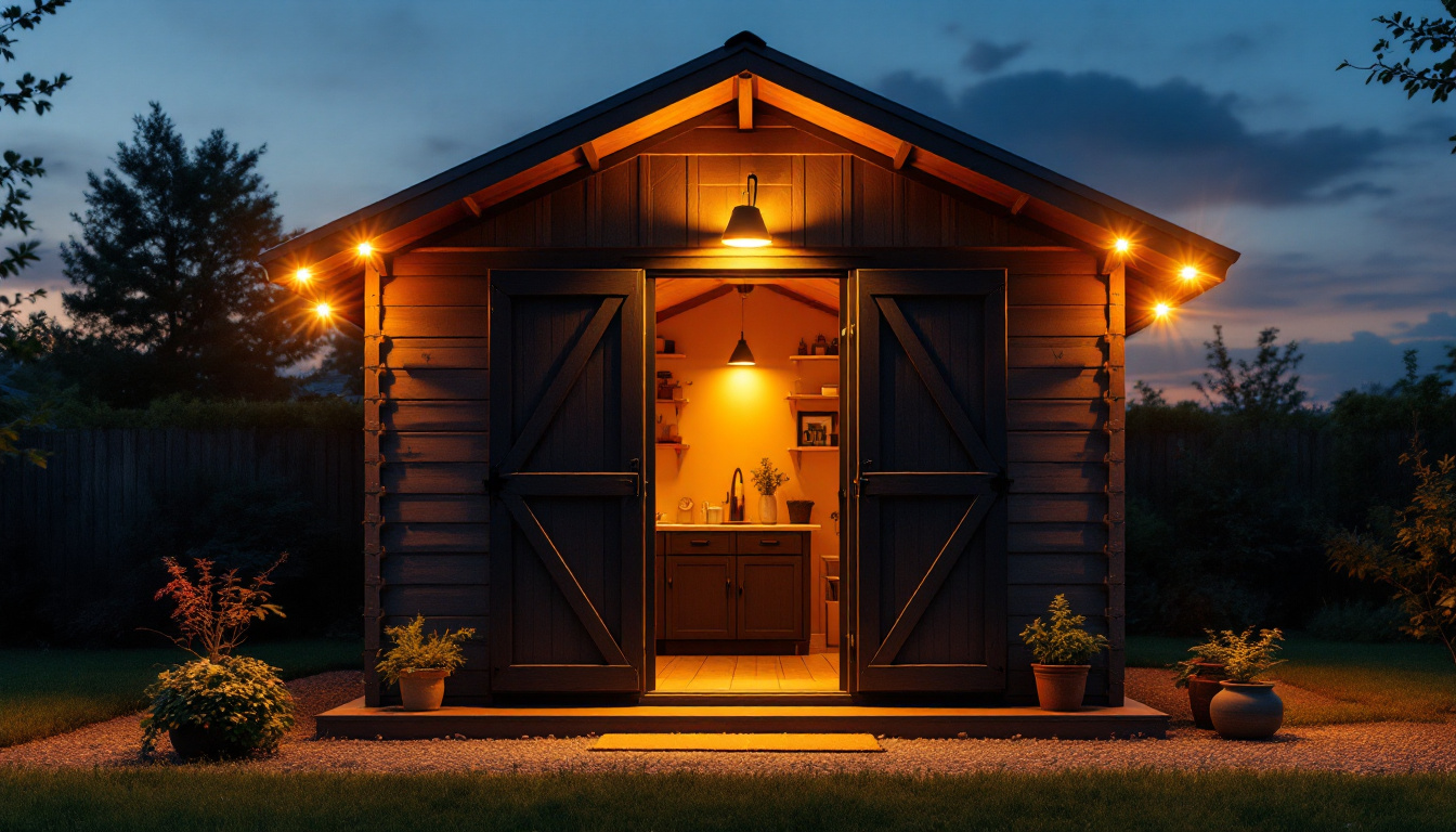 A photograph of a well-lit shed at dusk