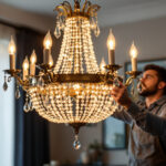 A photograph of a beautifully designed chandelier illuminated in a stylish interior setting
