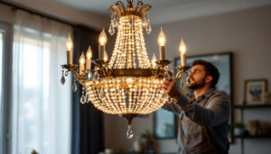 A photograph of a beautifully designed chandelier illuminated in a stylish interior setting