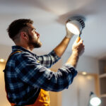 A photograph of a skilled lighting contractor expertly replacing a recessed can light in a modern home setting