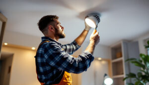A photograph of a skilled lighting contractor expertly replacing a recessed can light in a modern home setting