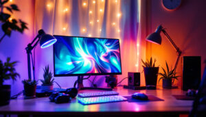 A photograph of a well-lit workspace featuring led lights in various setups
