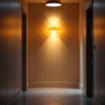A photograph of a beautifully illuminated hallway featuring a stylish lamp that highlights the interplay of light and shadow